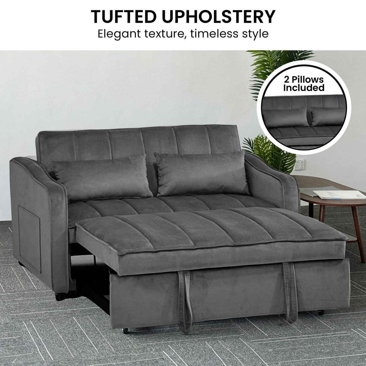 Sarantino Fenton Velvet 2-Seater Sofa Bed - Dark Grey