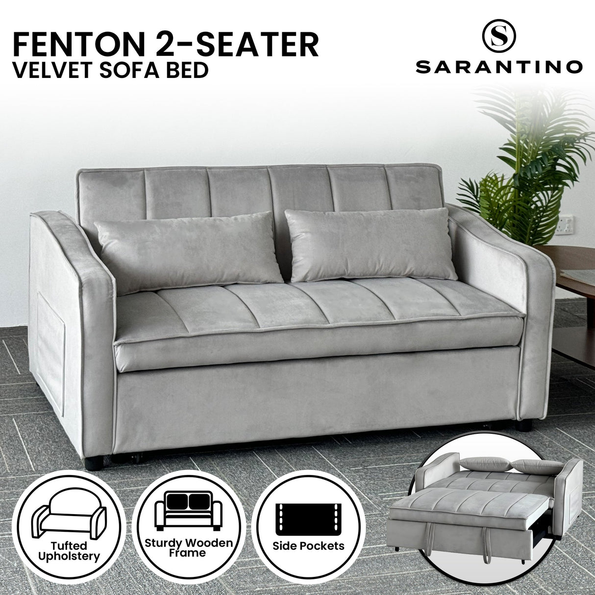 Sarantino Fenton Velvet 2-Seater Sofa Bed - Light Grey