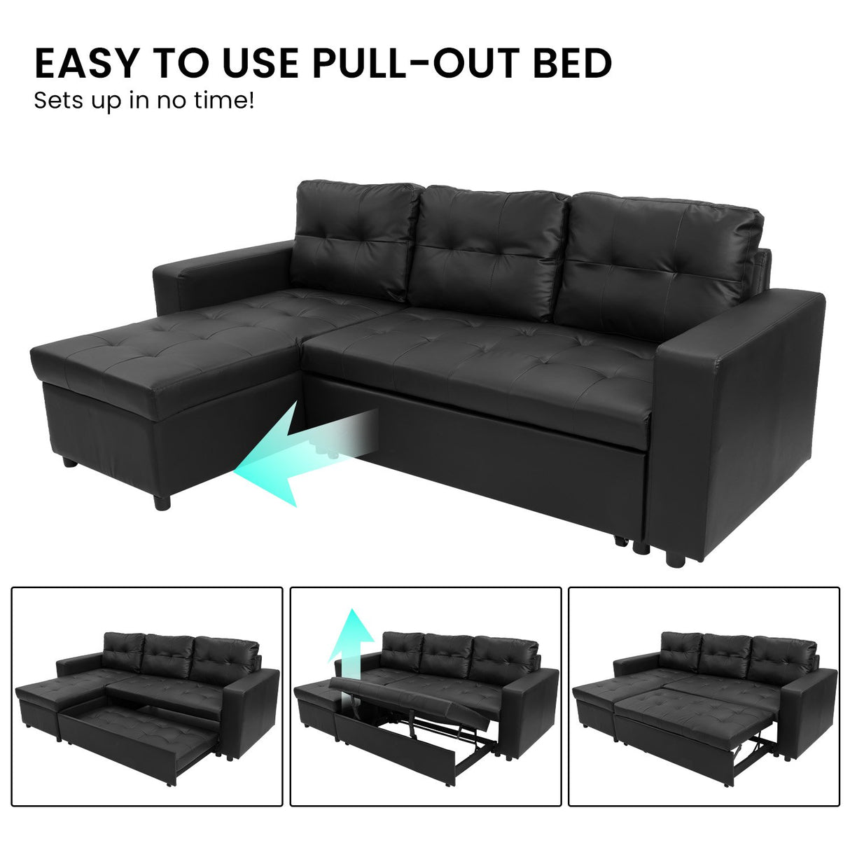 Sarantino Corner Sofa Bed Storage Chaise Couch Faux Leather Black