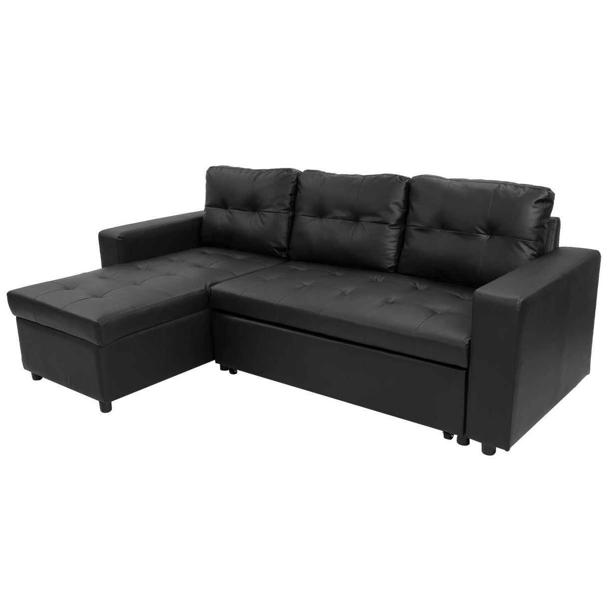Sarantino Corner Sofa Bed Storage Chaise Couch Faux Leather Black