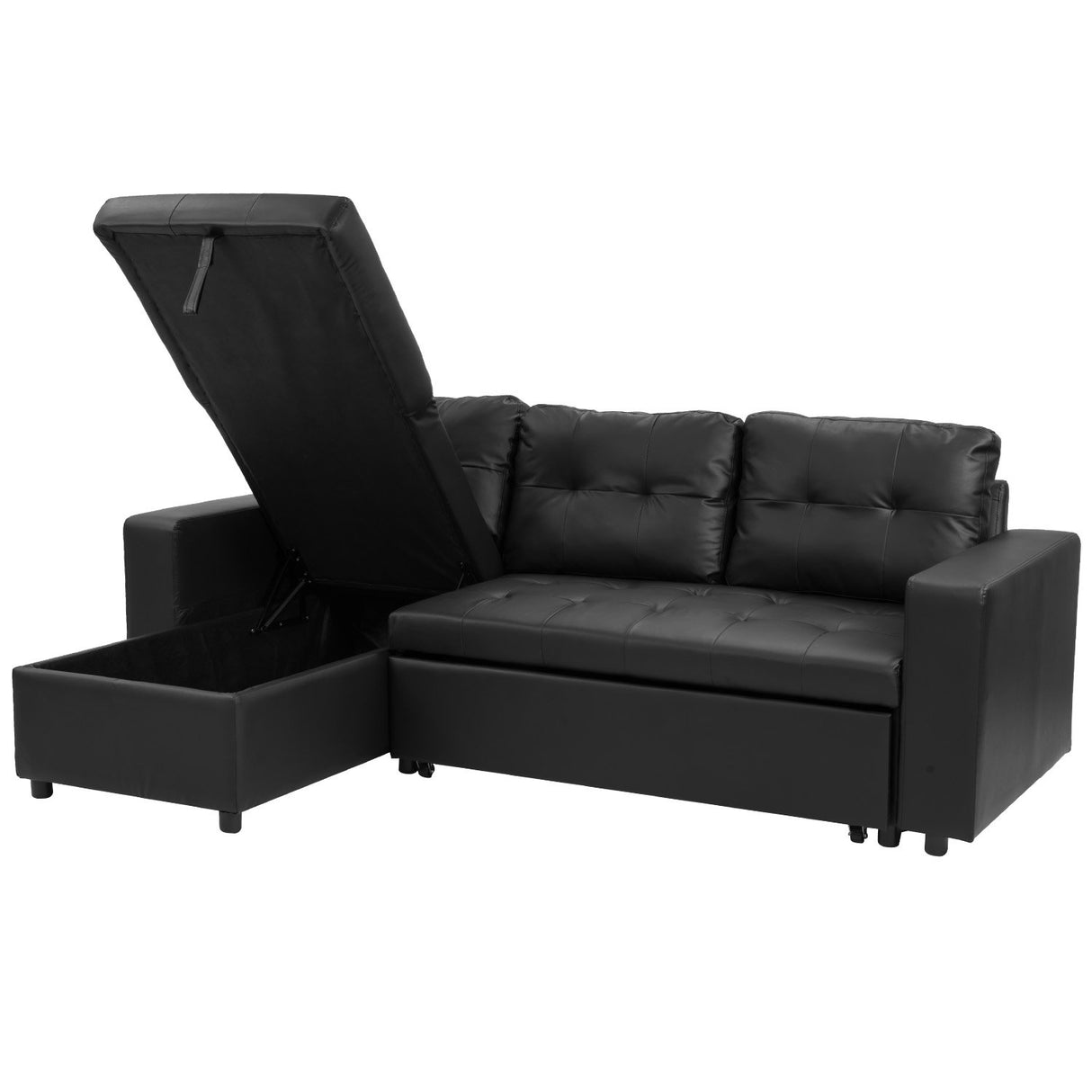 Sarantino Corner Sofa Bed Storage Chaise Couch Faux Leather Black