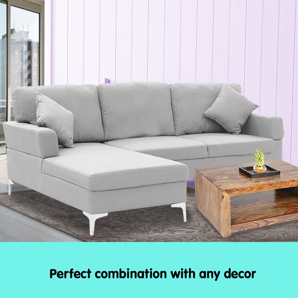 Sarantino Linen Corner Sofa Couch Lounge with Chaise Seat Light Grey