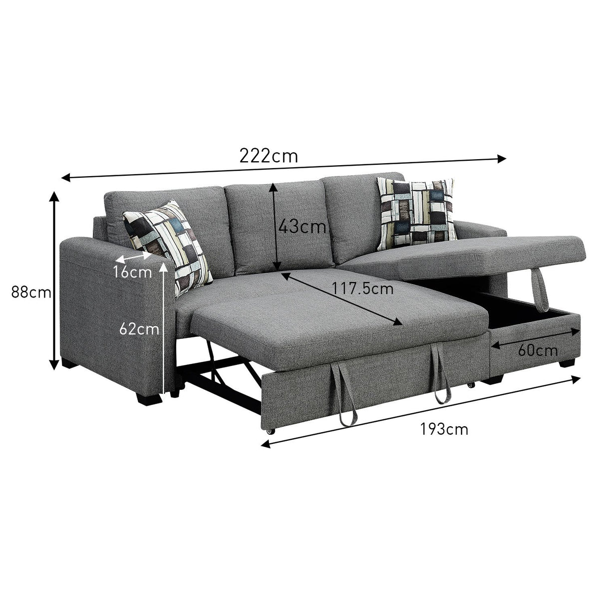 Fontana Pullout Sofa Bed with Storage Chaise Lounge Sarantino - Grey