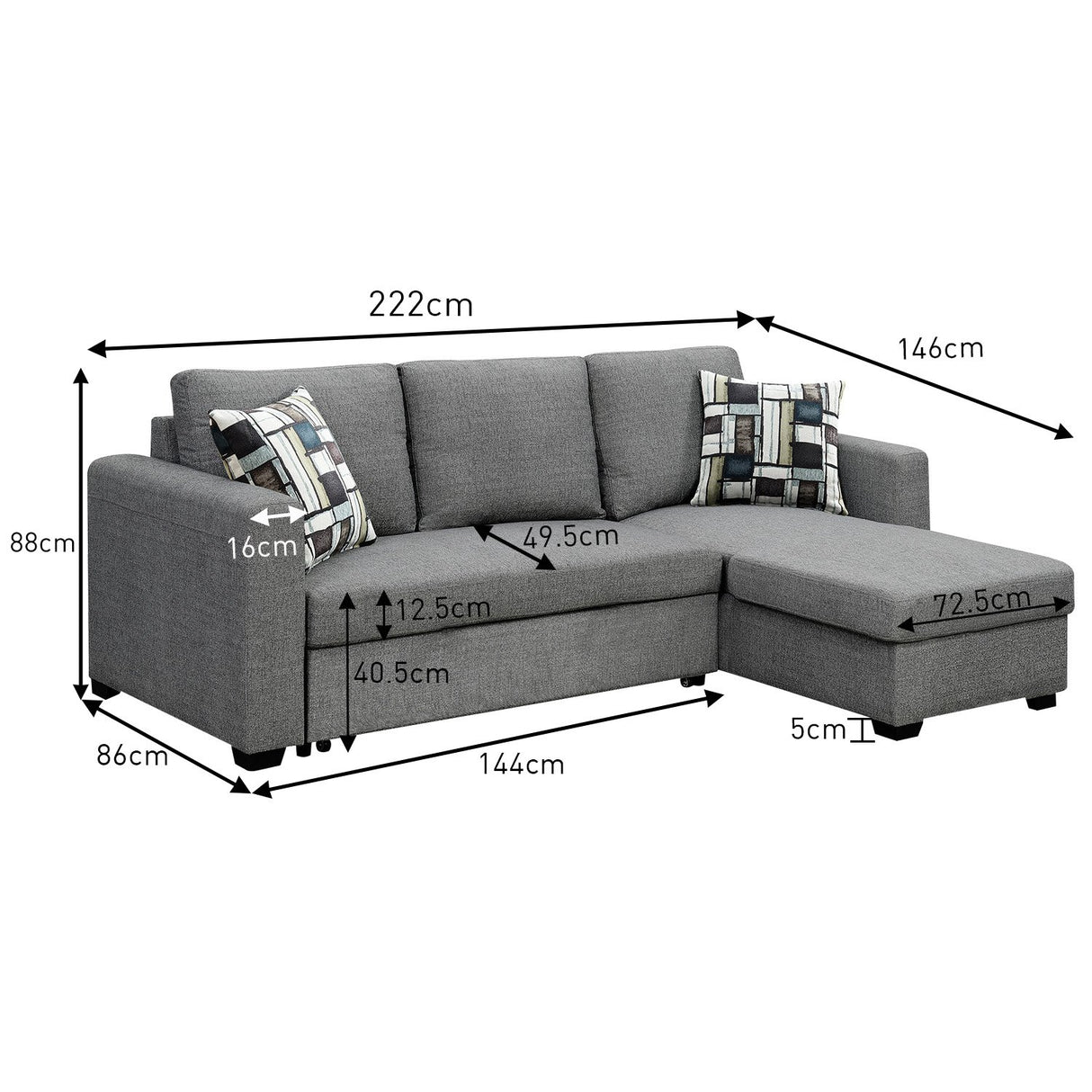 Fontana Pullout Sofa Bed with Storage Chaise Lounge Sarantino - Grey