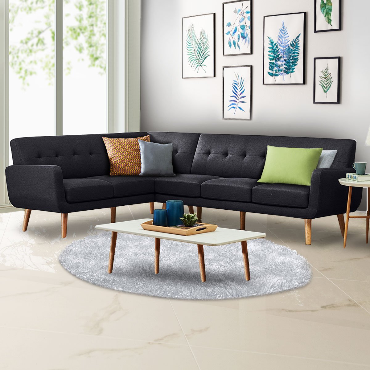 Faux Linen Corner Wooden Sofa Futon Lounge L-shaped with Chaise Black