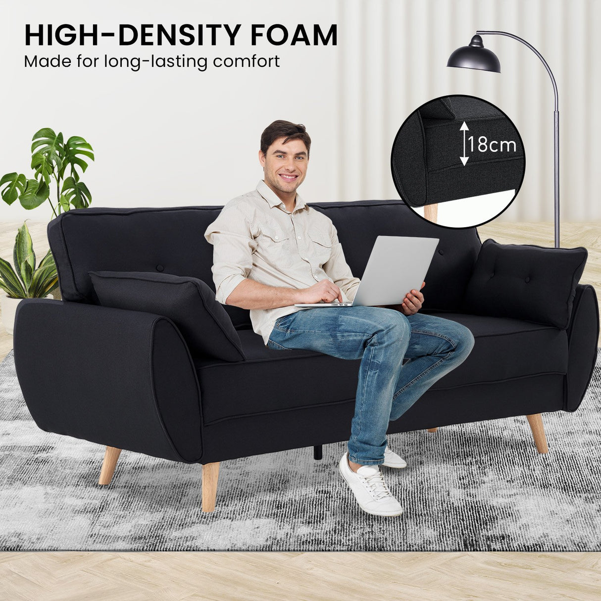 Sarantino 3 Seater Modular Linen Fabric Sofa Bed Couch Futon - Black