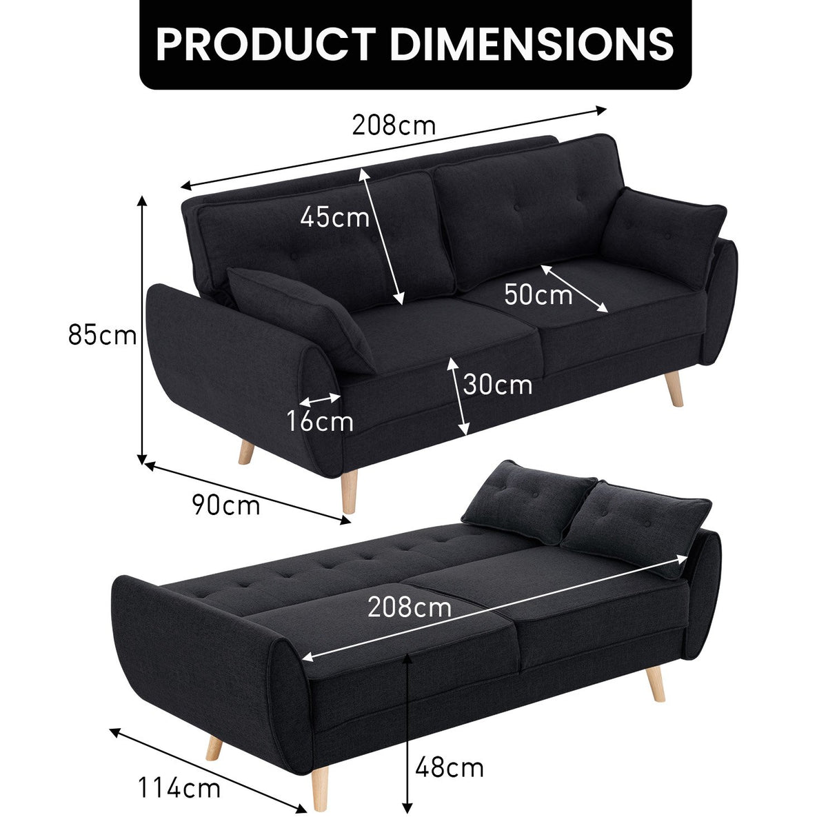 Sarantino 3 Seater Modular Linen Fabric Sofa Bed Couch Futon - Black
