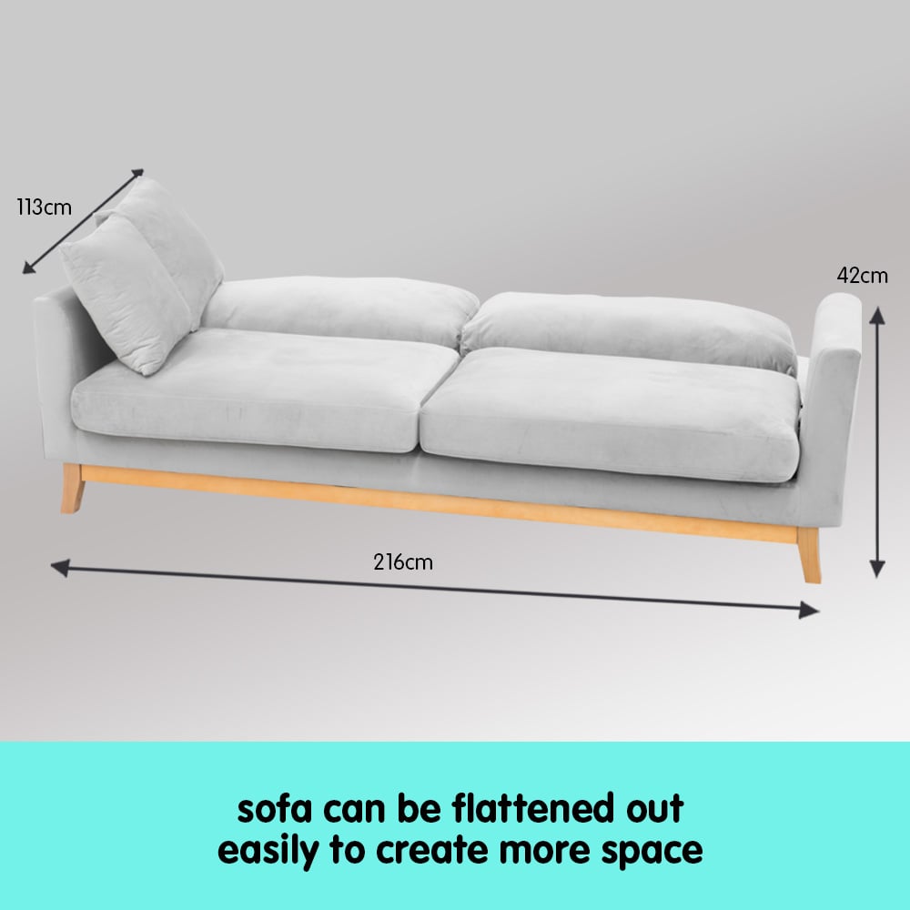 Sarantino 3 Seater Faux Velvet Sofa Bed Couch Furniture Light Grey