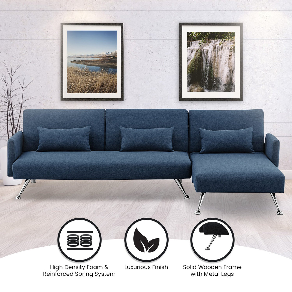 Mia 3-Seater Sofa Bed with Chaise & 3 Pillows by Sarantino - Blue