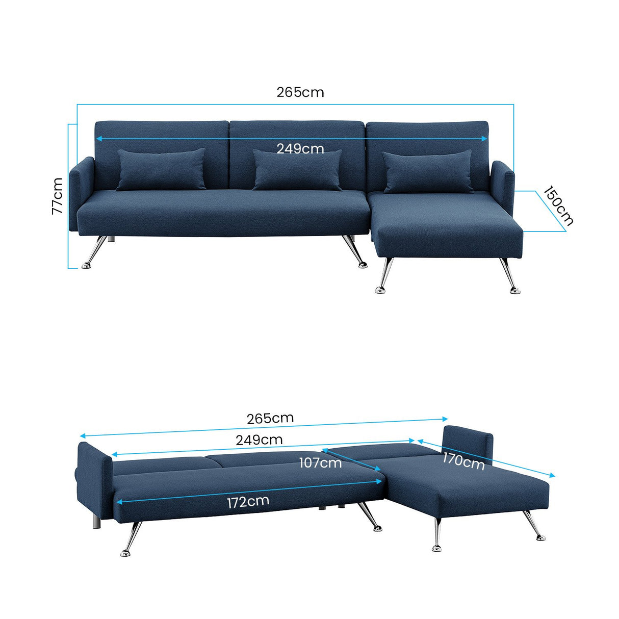 Mia 3-Seater Sofa Bed with Chaise & 3 Pillows by Sarantino - Blue