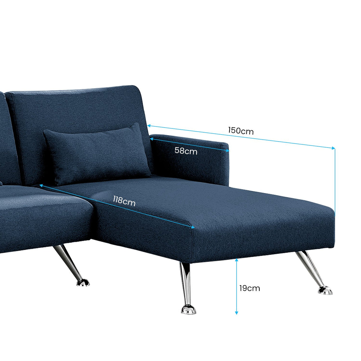 Mia 3-Seater Sofa Bed with Chaise & 3 Pillows by Sarantino - Blue