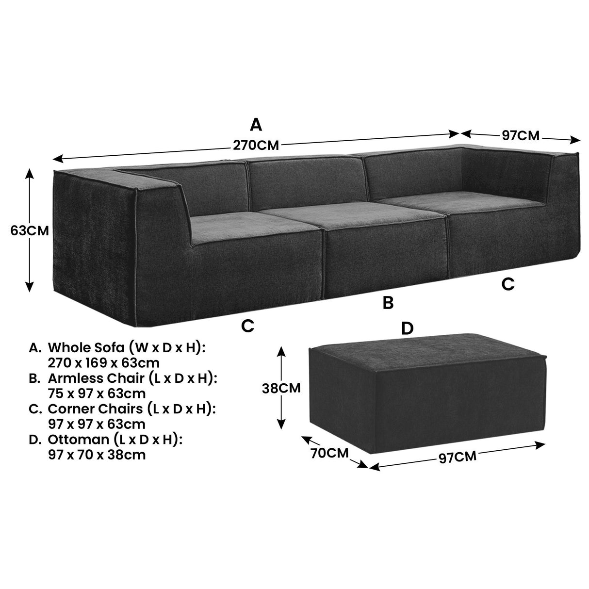Sarantino Novi 3-Seater Modular Sofa Ottoman Charcoal Black Non-Slip Bottom Lounge