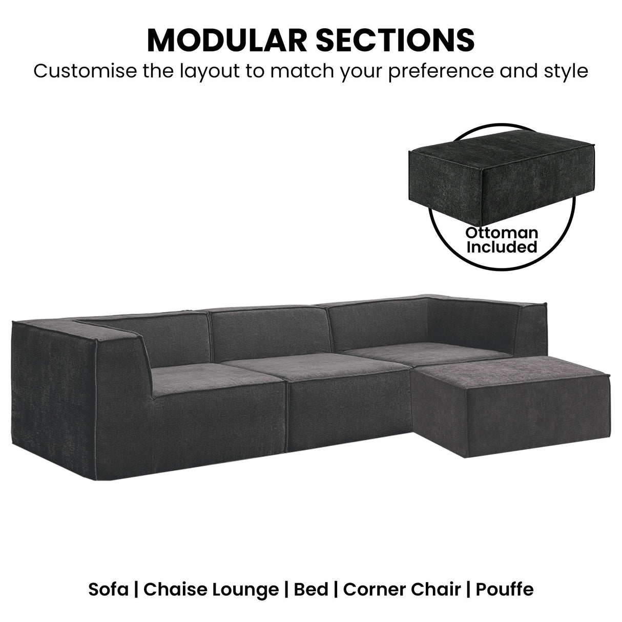 Sarantino Novi 3-Seater Modular Sofa Ottoman Charcoal Black Non-Slip Bottom Lounge