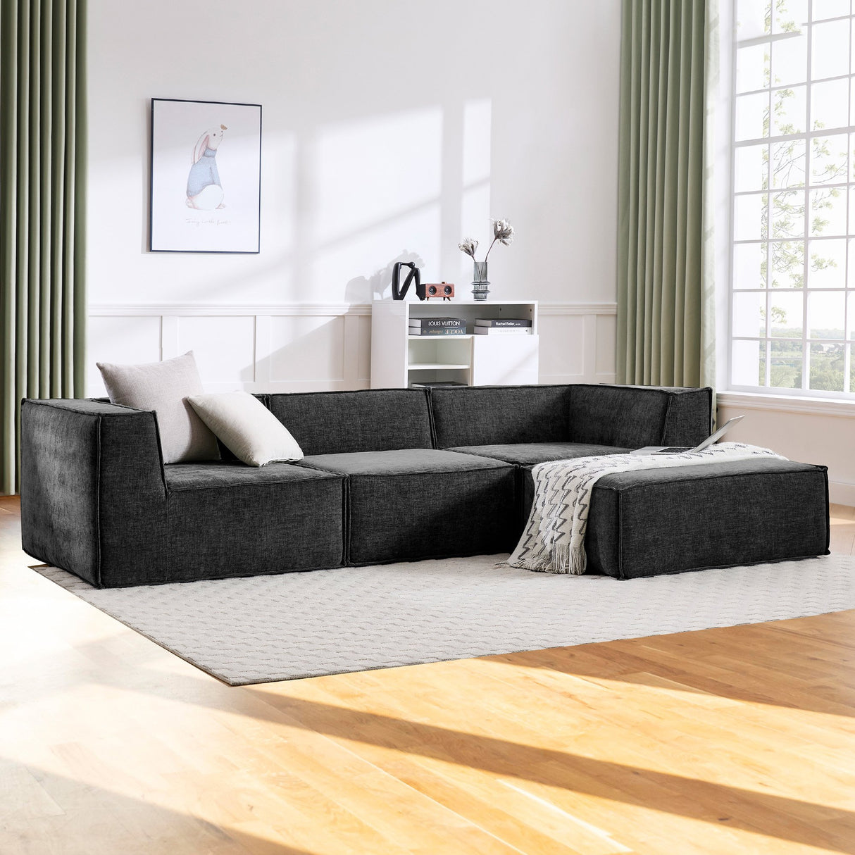 Sarantino Novi 3-Seater Modular Sofa Ottoman Charcoal Black Non-Slip Bottom Lounge