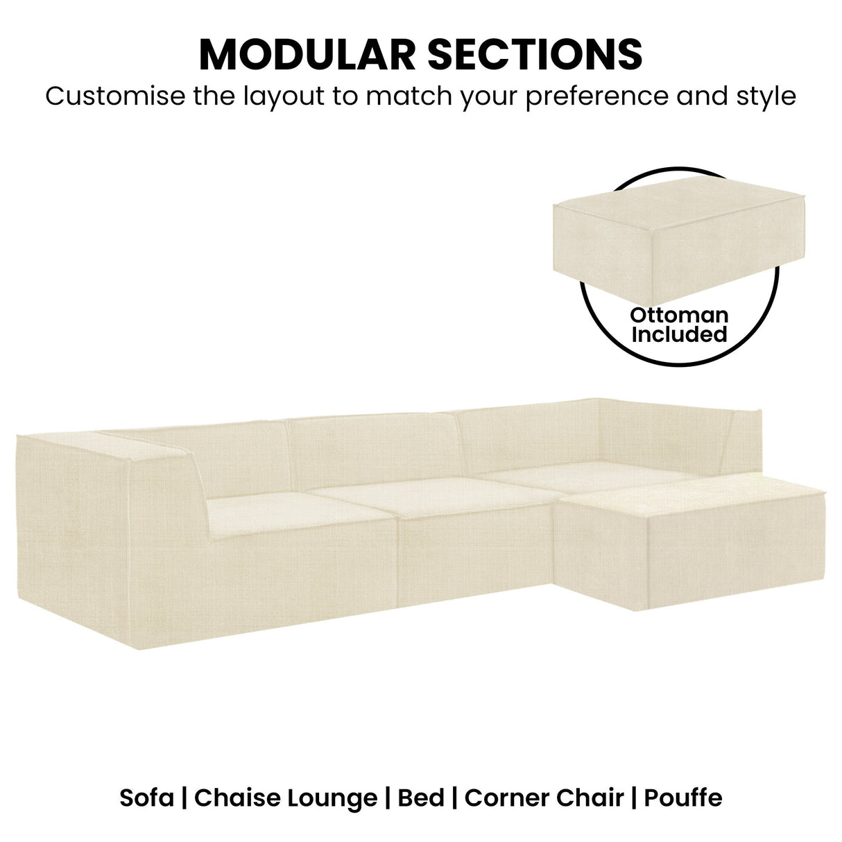 Sarantino Novi 3-Seater Modular Sofa with Ottoman in Cream Non-Slip Bottom Lounge