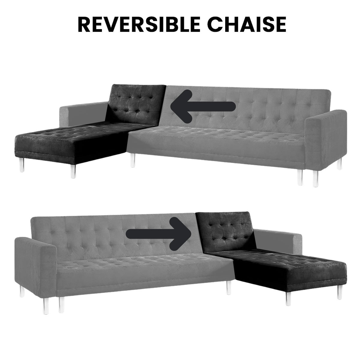 Sarantino Faux Velveteen Corner Wooden Sofa Bed Couch w/ Chaise Black