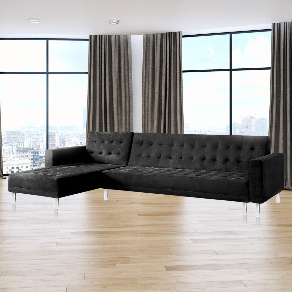 Sarantino Faux Velveteen Corner Wooden Sofa Bed Couch w/ Chaise Black