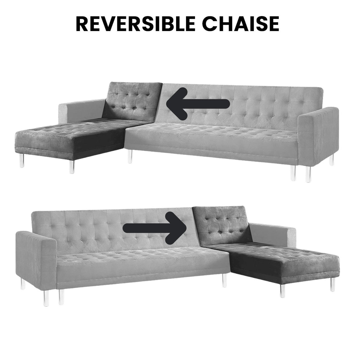 Sarantino Faux Velvet Corner Wooden Sofa Bed Couch with Chaise - Grey