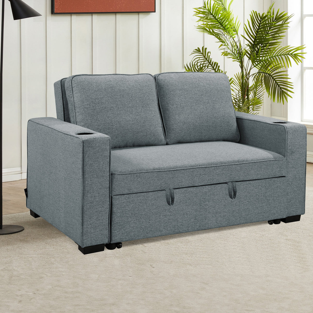 Sarantino Hoffman Linen Sofa Bed with Cushions & Cup Holders Dark Grey