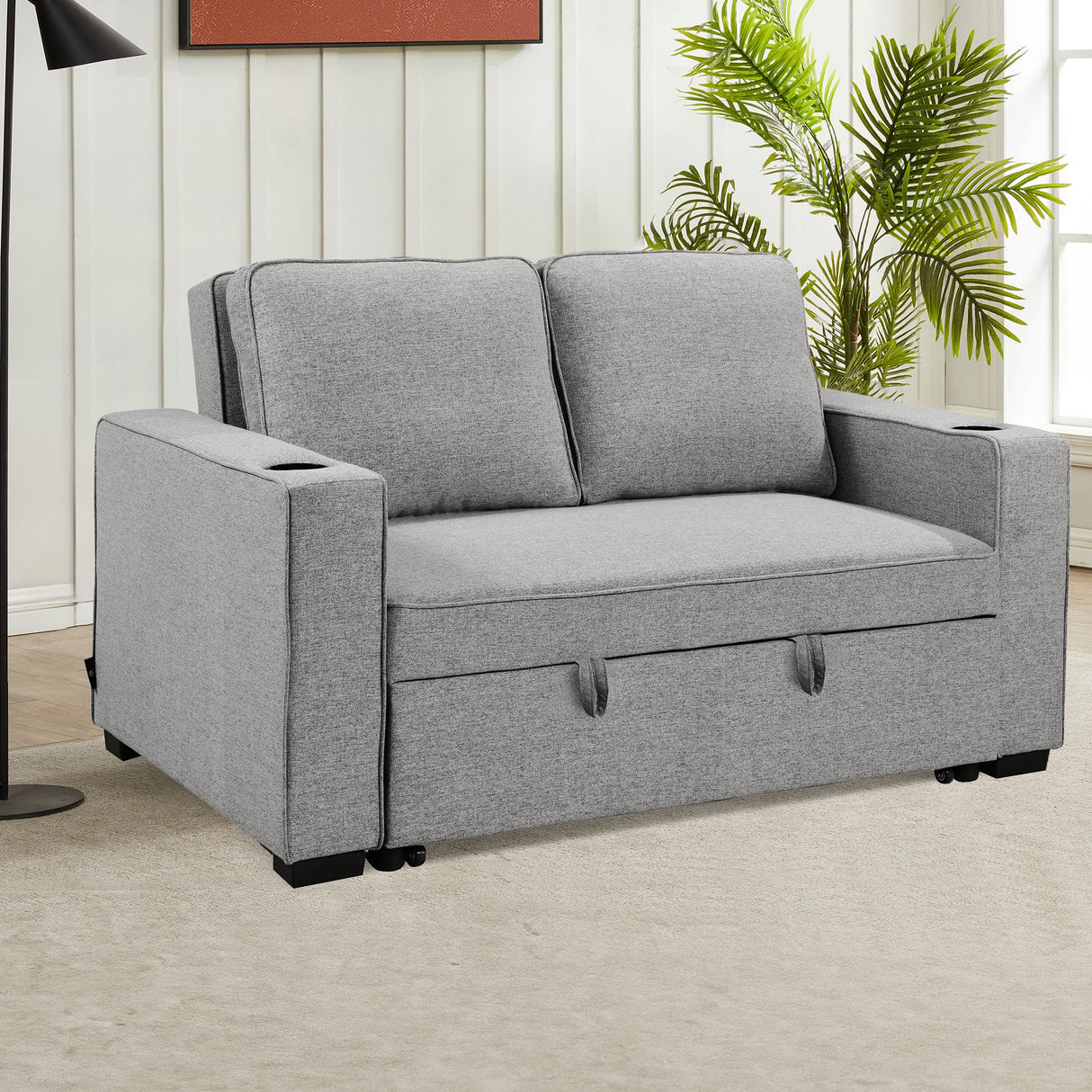 Sarantino Hoffman Linen Sofa Bed with Cushions &Cup Holders Light Grey