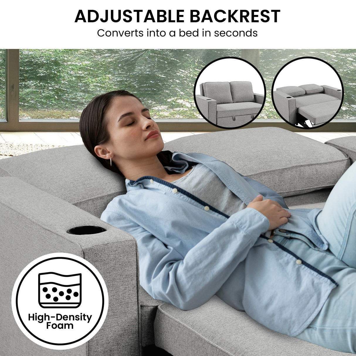 Sarantino Hoffman Linen Sofa Bed with Cushions &Cup Holders Light Grey