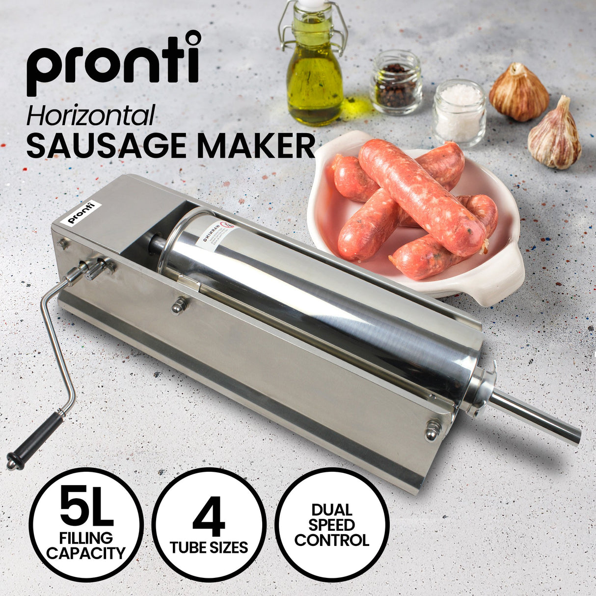 Pronti 5L Sausage Stuffer Stainless Steel with 4 Filling Tubes - Horizontal