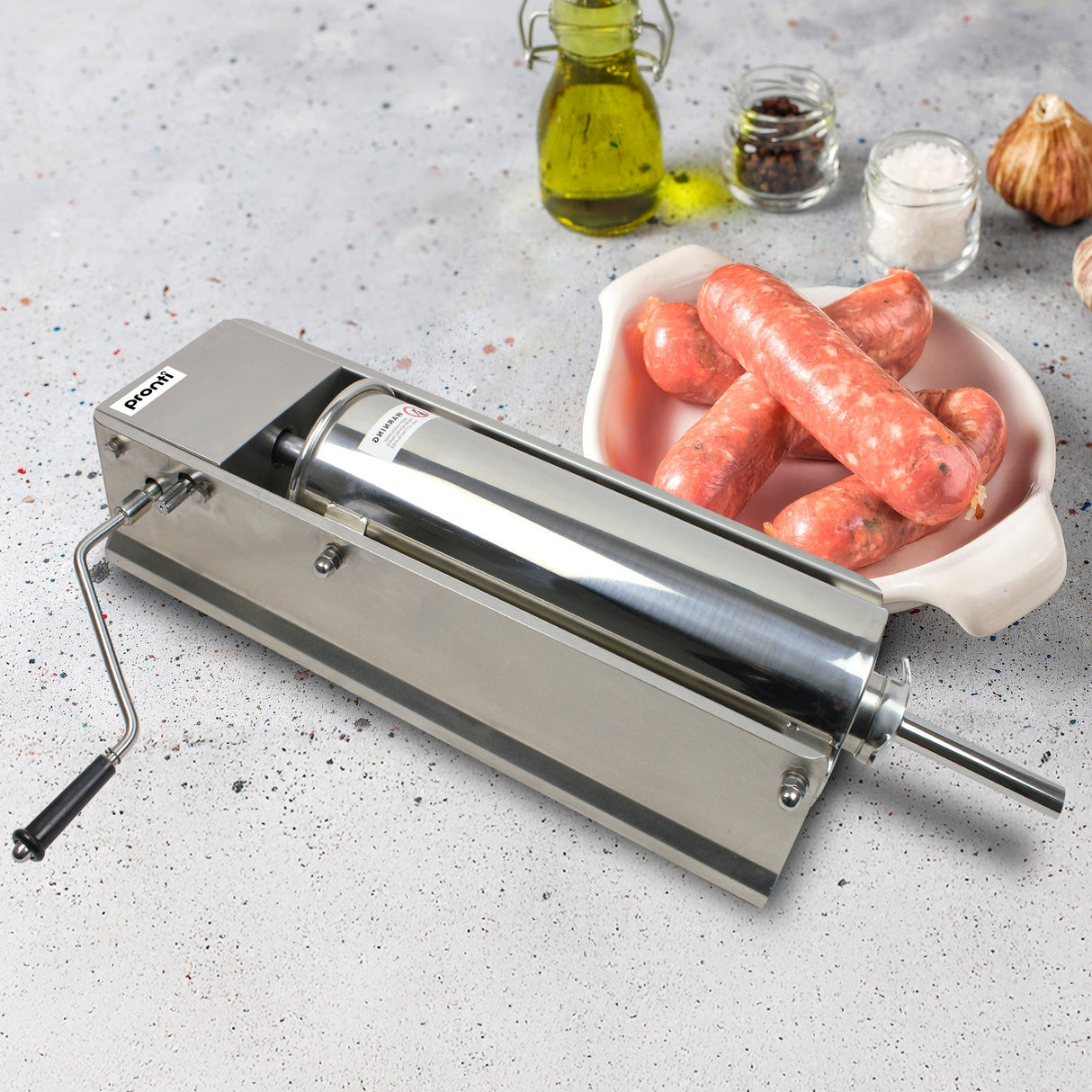 Pronti 5L Sausage Stuffer Stainless Steel with 4 Filling Tubes - Horizontal