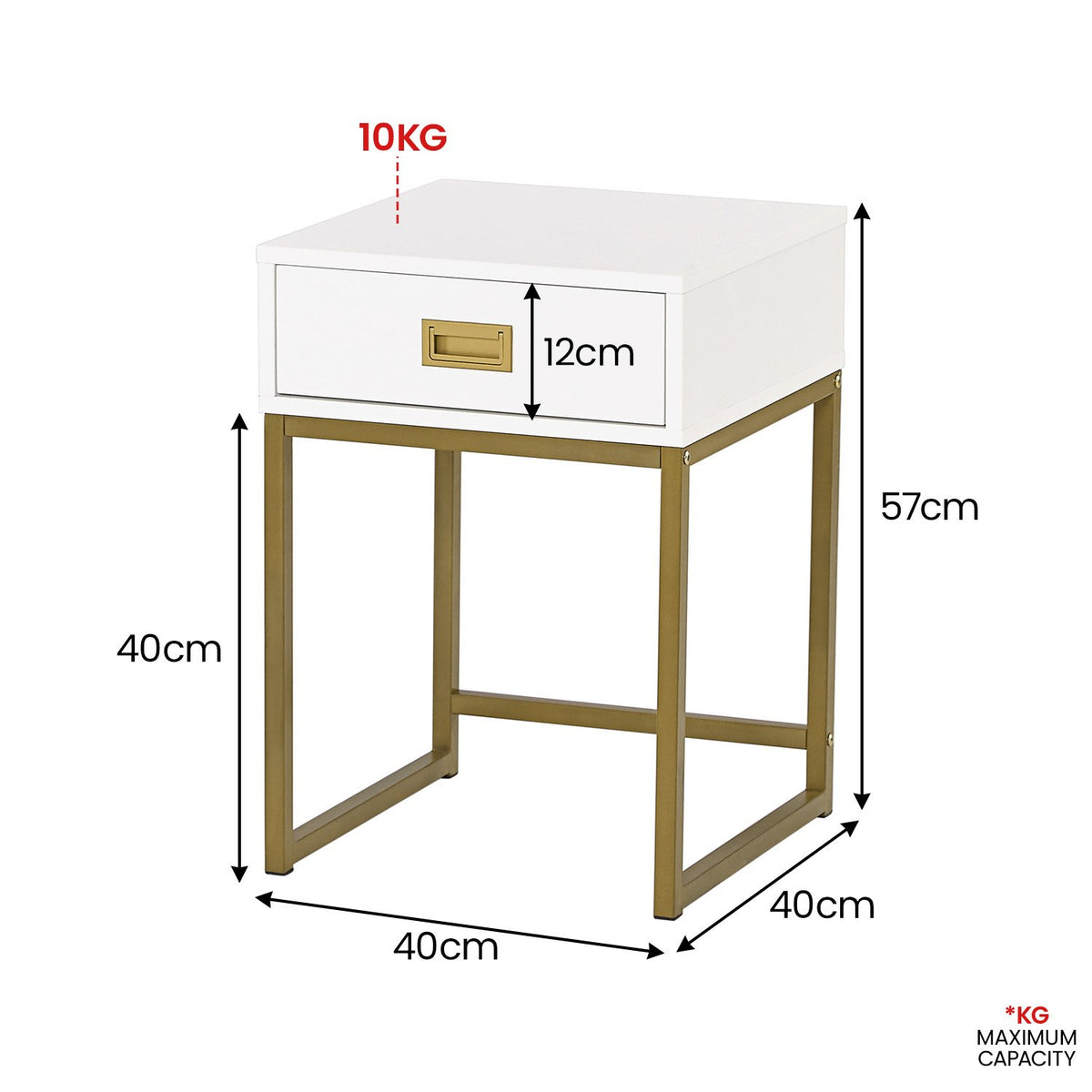 Sarantino Emilia Bedside Table Night Stand - White/Gold