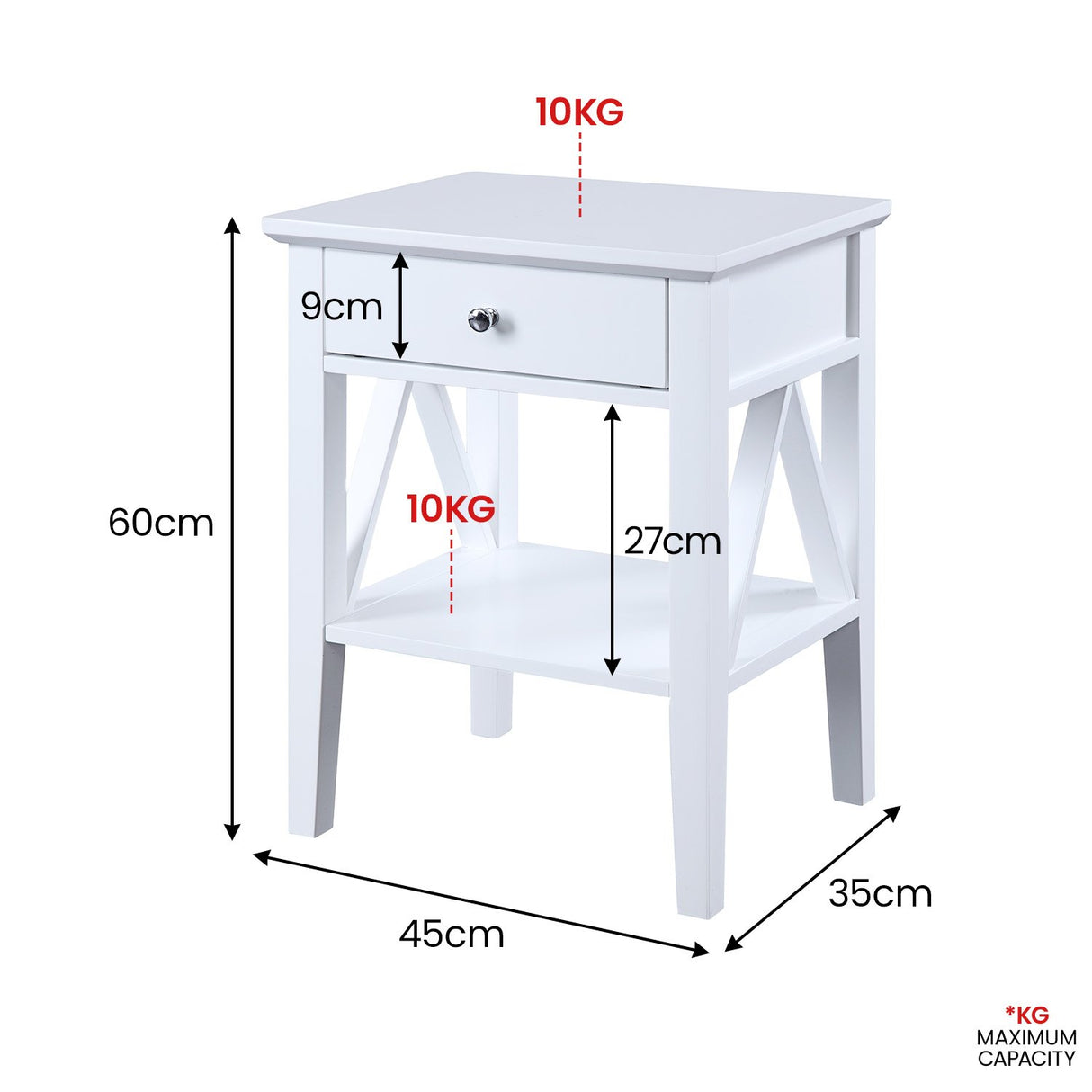 Sarantino Greta Bedside Table with Drawer - White
