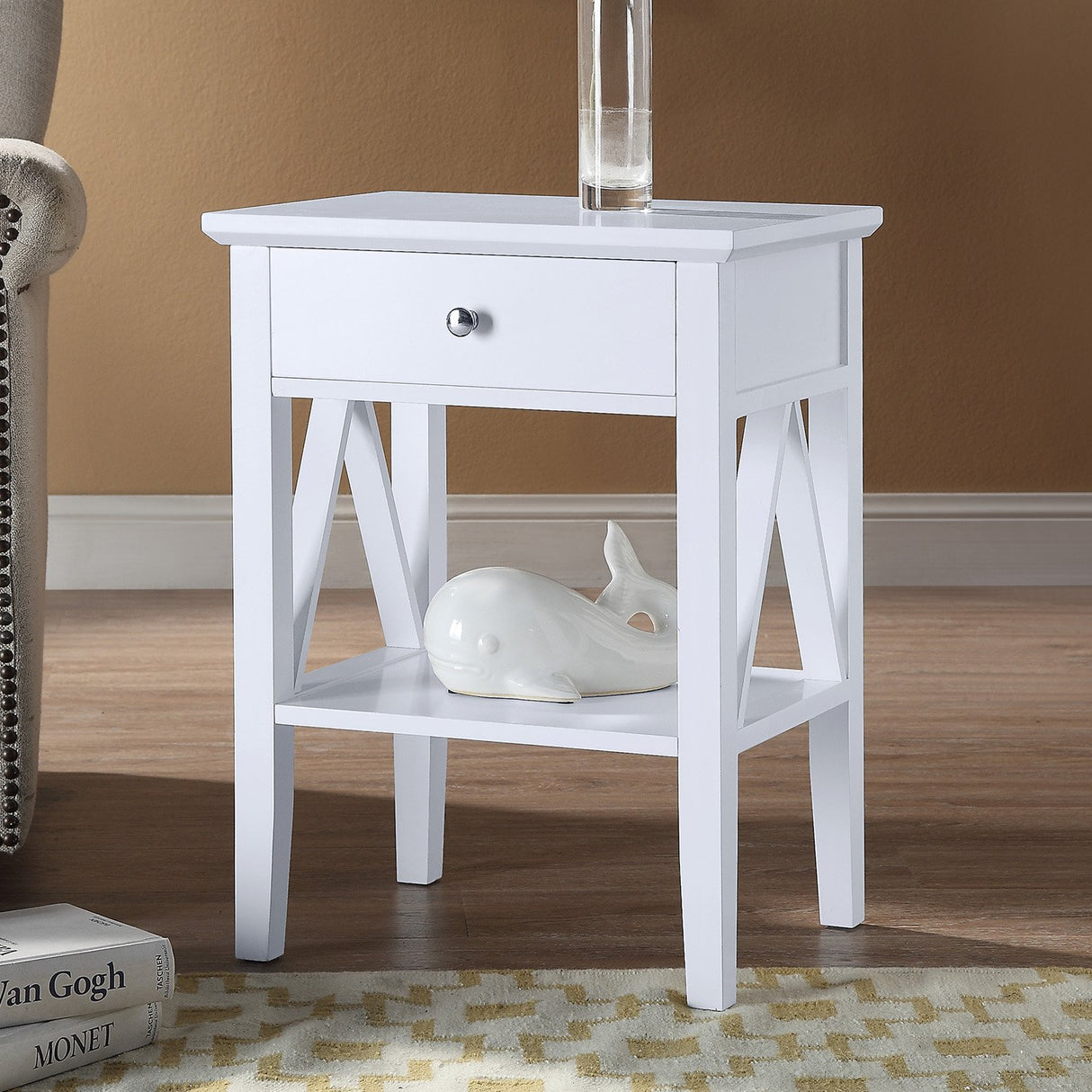 Sarantino Greta Bedside Table with Drawer - White