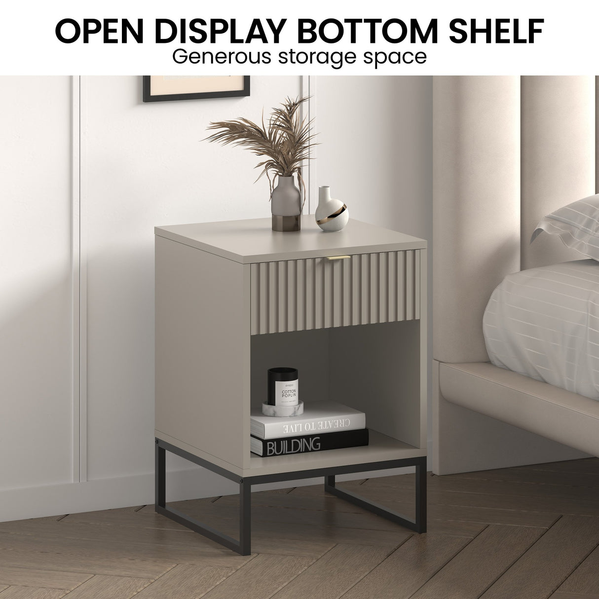 Sarantino Elton Fluted Bedside Table - Grey