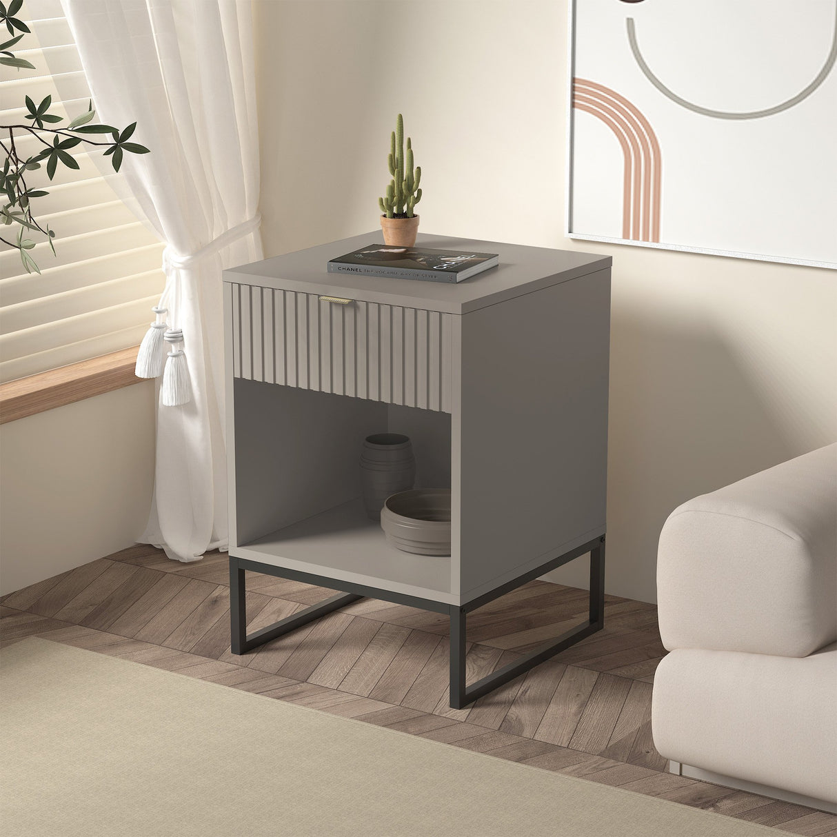 Sarantino Elton Fluted Bedside Table - Grey