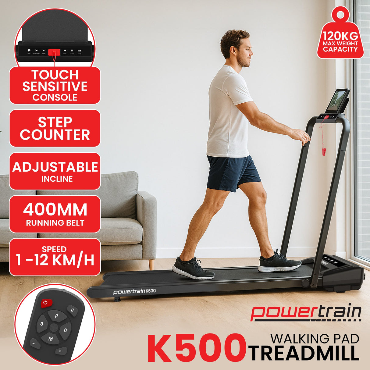 Powertrain K500 Walking Pad Treadmill 2 in 1 Foldable Walking & Running Machine w/2.5HP Motor D