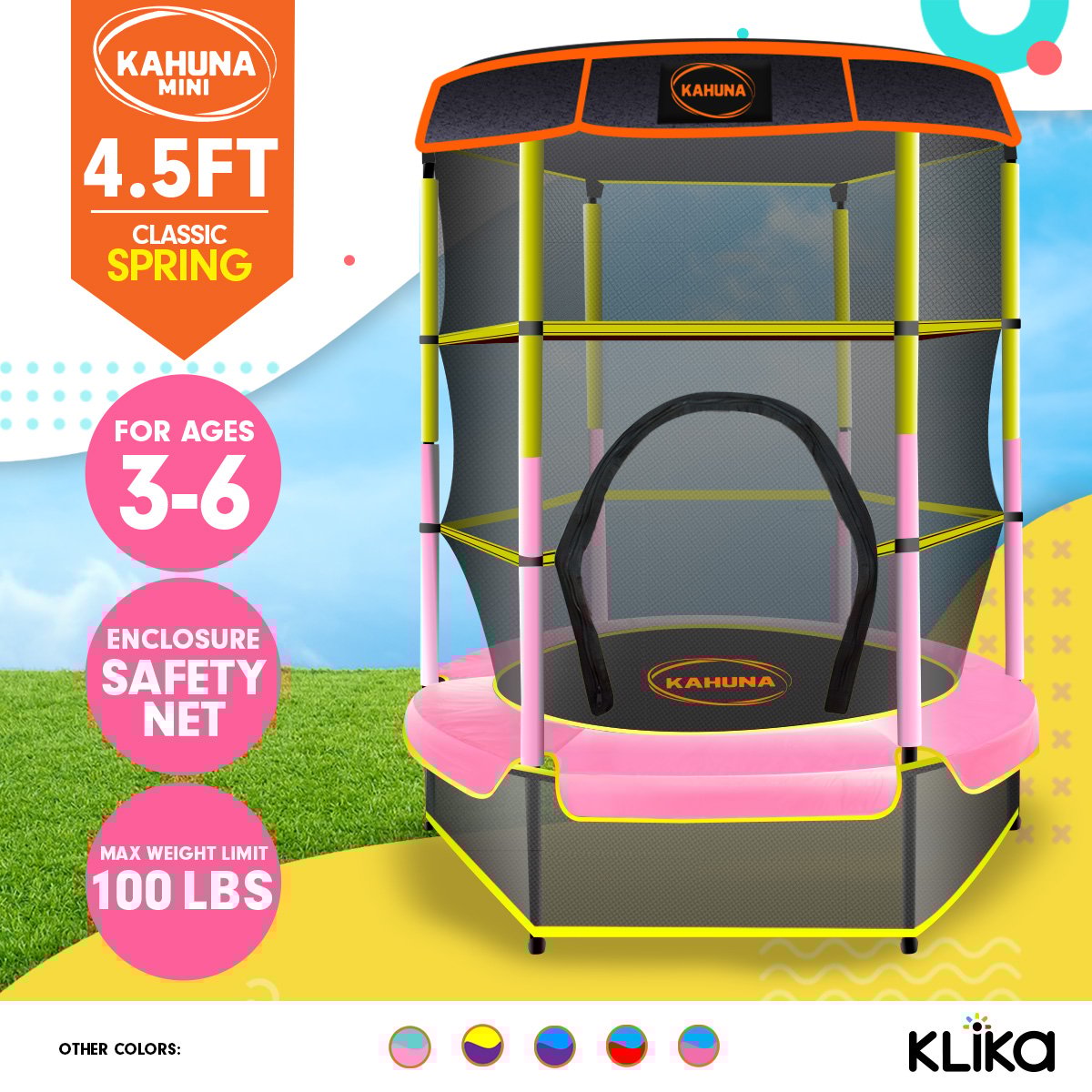 Kahuna Mini 4.5 ft Trampoline Yellow Pink