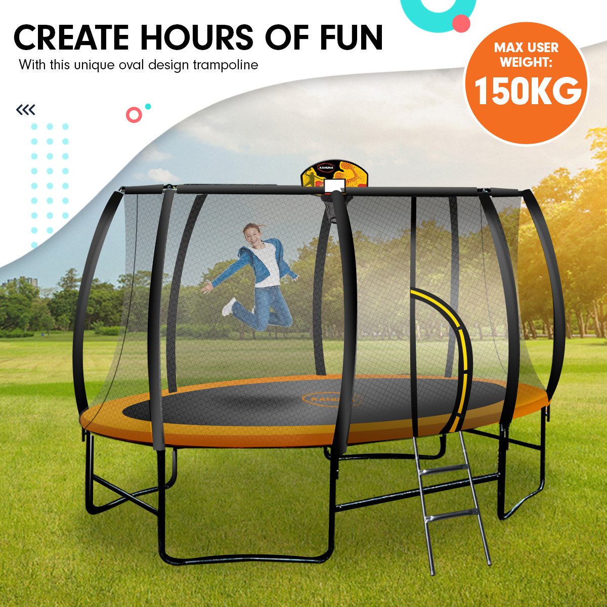Kahuna Trampoline 8 ft x 14 ft Oval with Basketball Set - Orange