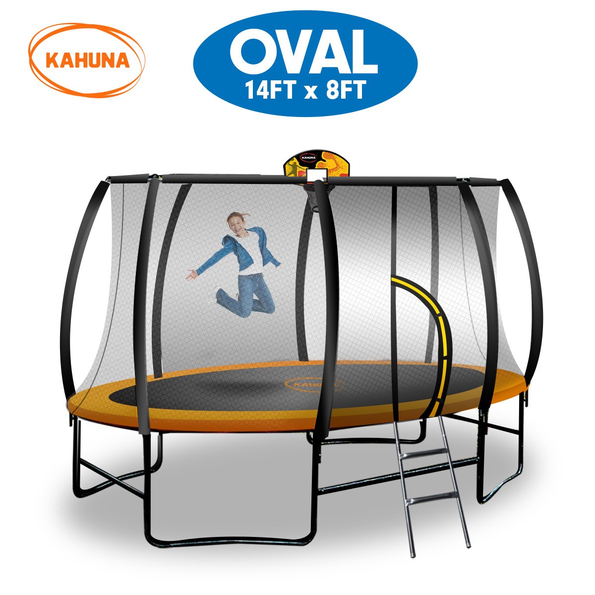 Kahuna Trampoline 8 ft x 14 ft Oval with Basketball Set - Orange