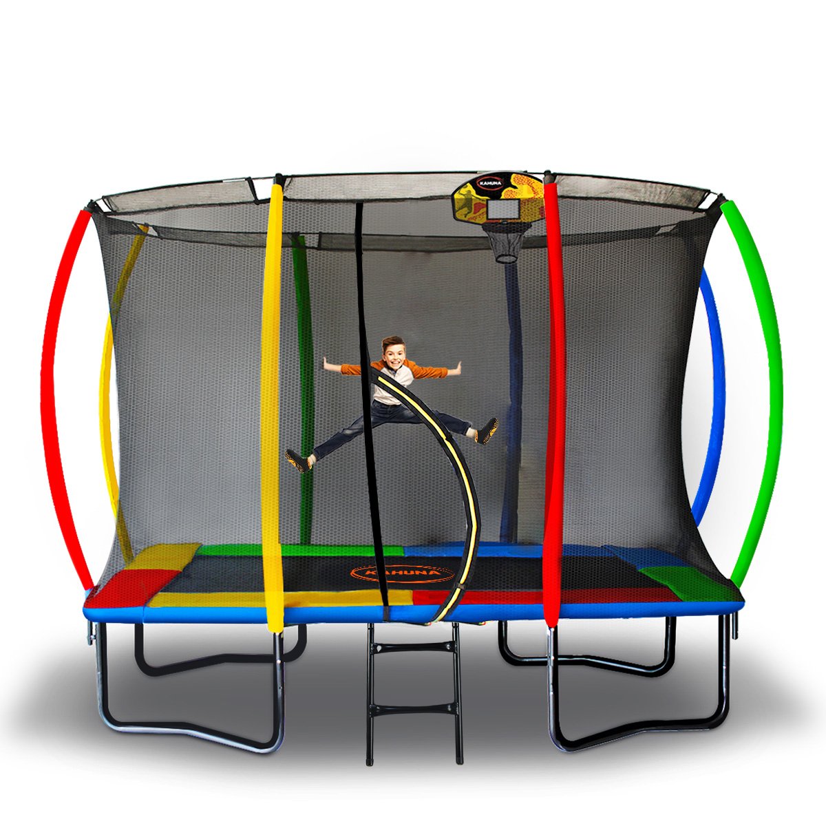 Kahuna Trampoline 8 ft x 11 ft Outdoor Rectangular Rainbow with Basketball Set