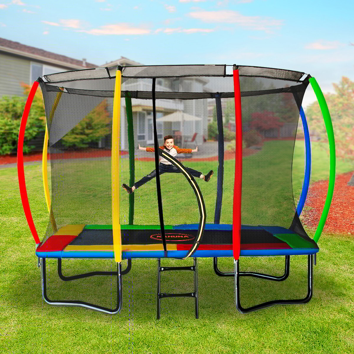Kahuna Trampoline 8 ft x 11 ft Outdoor Rectangular Rainbow with Basketball Set