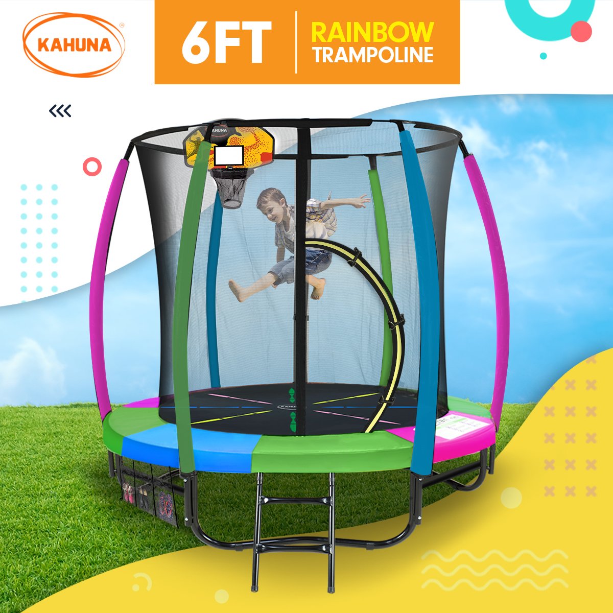 Kahuna Trampoline 6 ft with Basketball Set - Rainbow