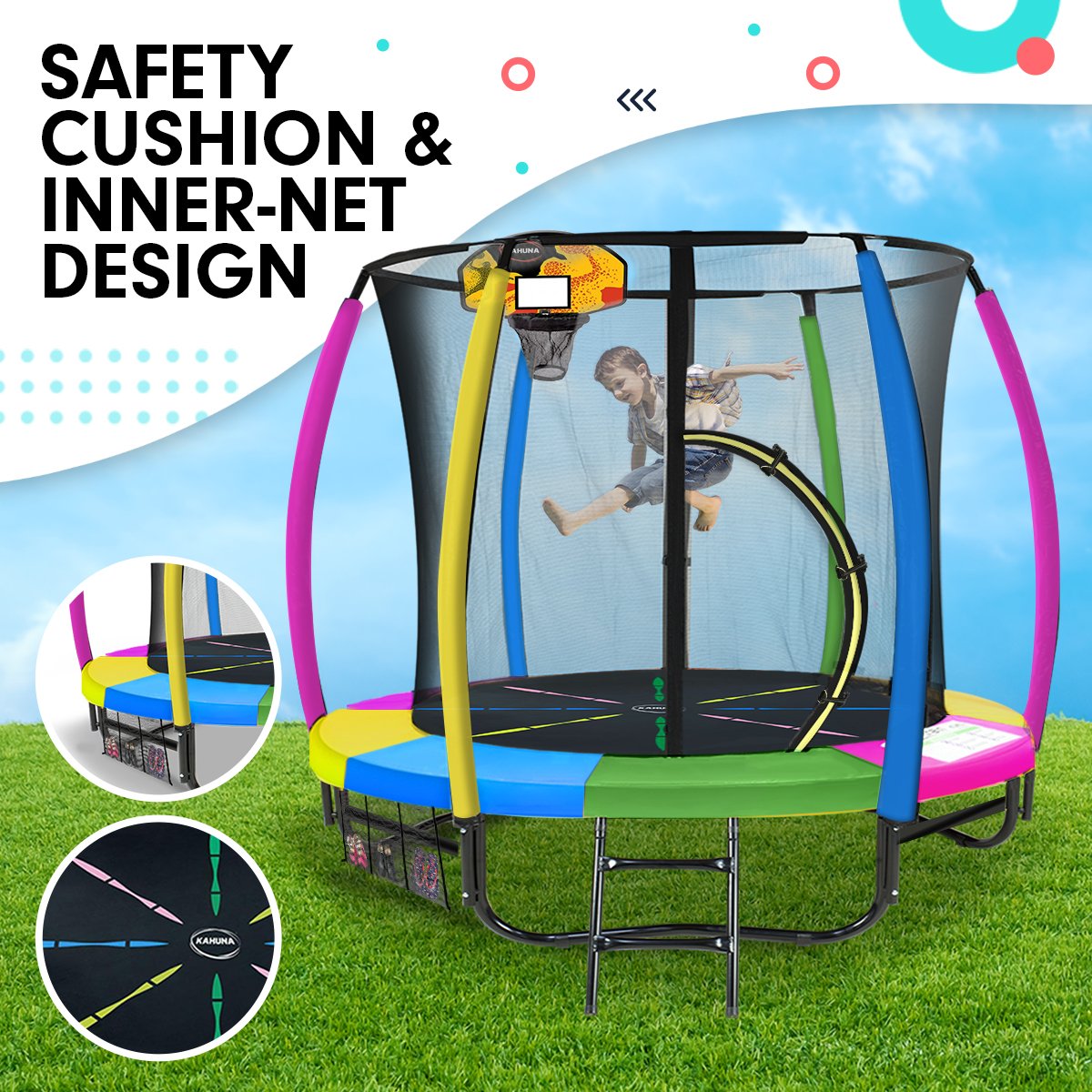 Kahuna Trampoline 8 ft with Basketball Set - Rainbow