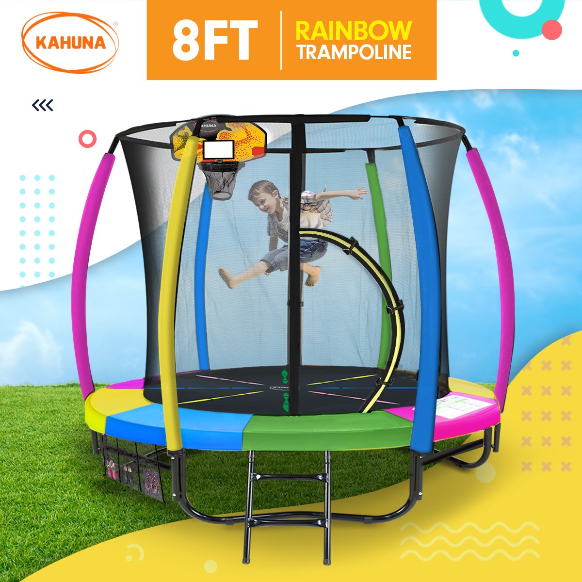 Kahuna Trampoline 8 ft with Basketball Set - Rainbow