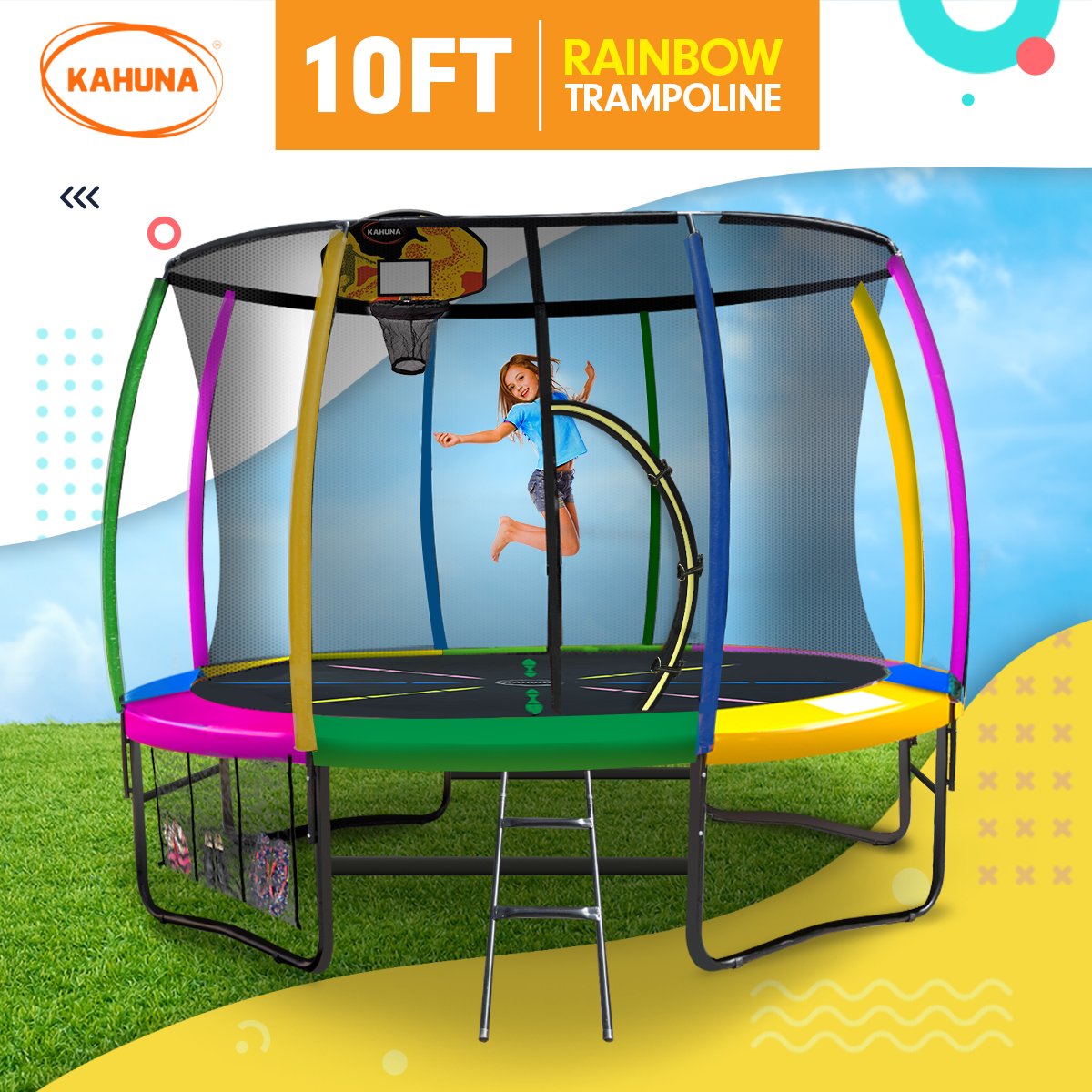 Kahuna Trampoline 10 ft with Basketball Set - Rainbow