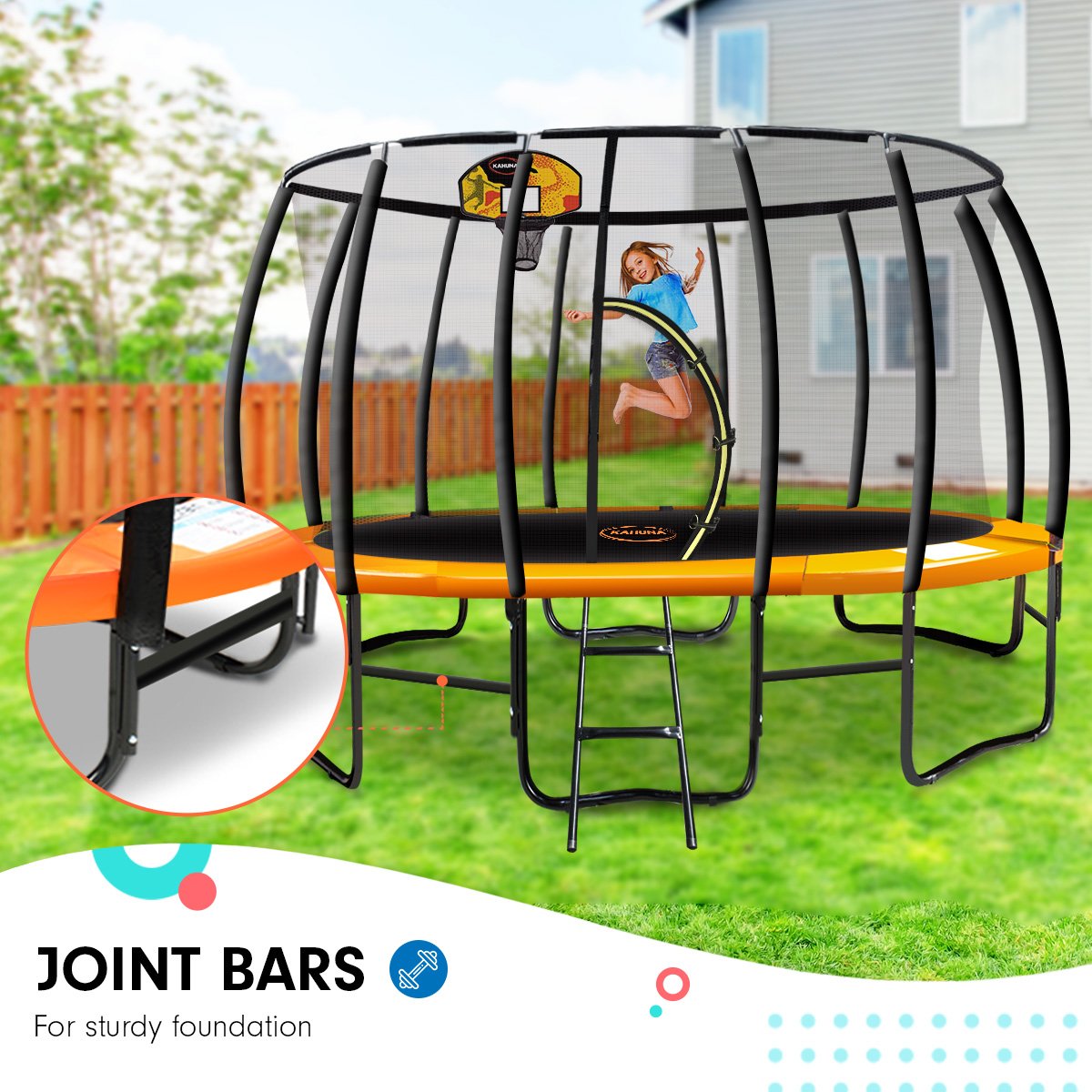 Kahuna Trampoline 12 ft with Basketball Set - Orange