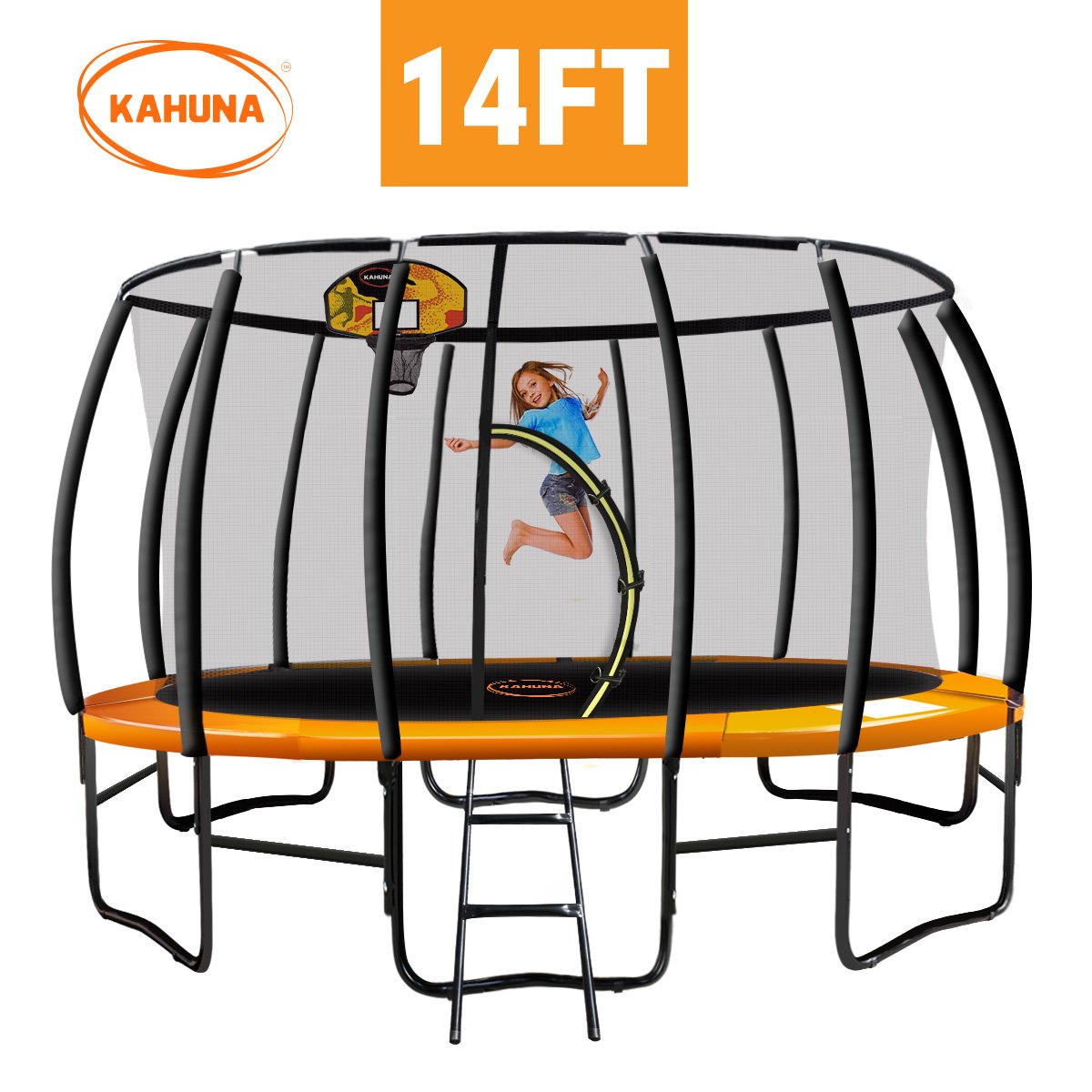 Kahuna Trampoline 14 ft with Basketball Set - Orange