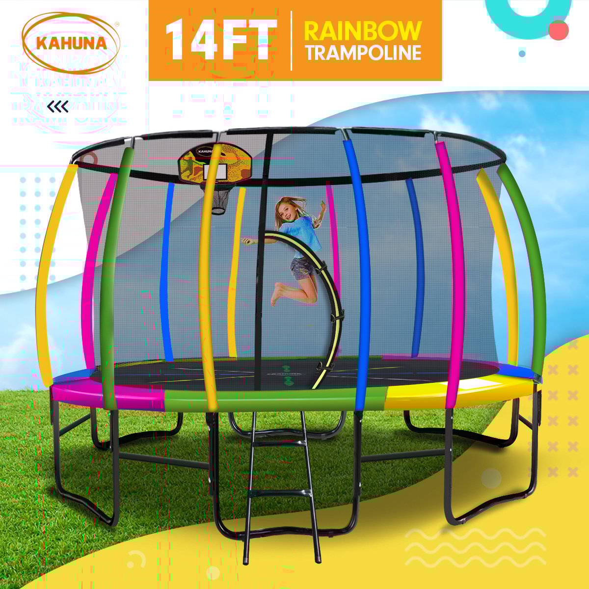 Kahuna Trampoline 14 ft with Basketball Set - Rainbow