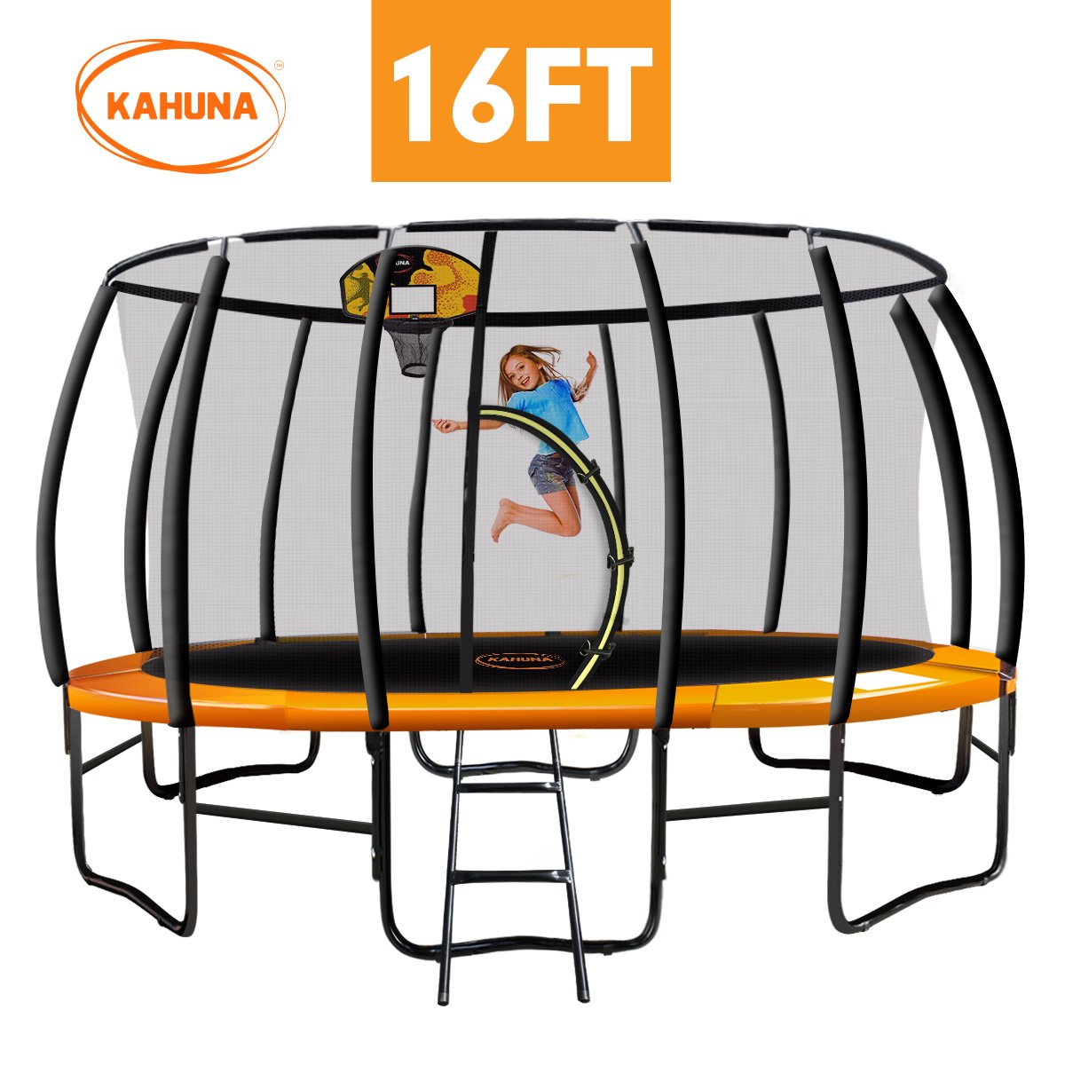 Kahuna Trampoline 16 ft with Basketball Set - Orange