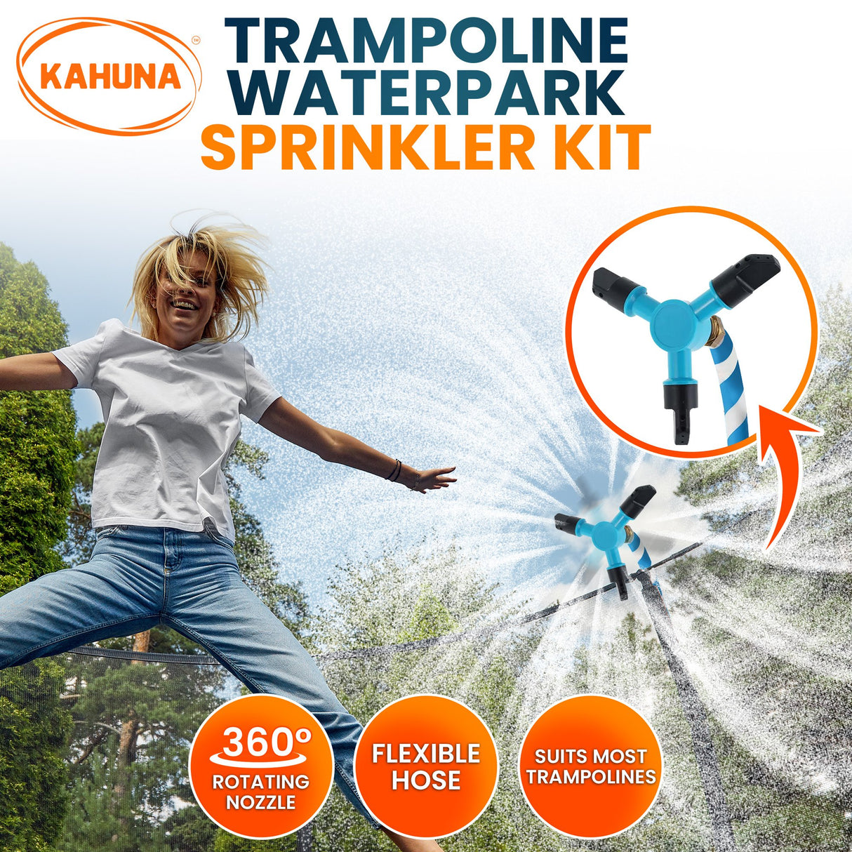Kahuna Waterpark Rotating Trampoline Water Sprinkler Kit with Adjustable Hose