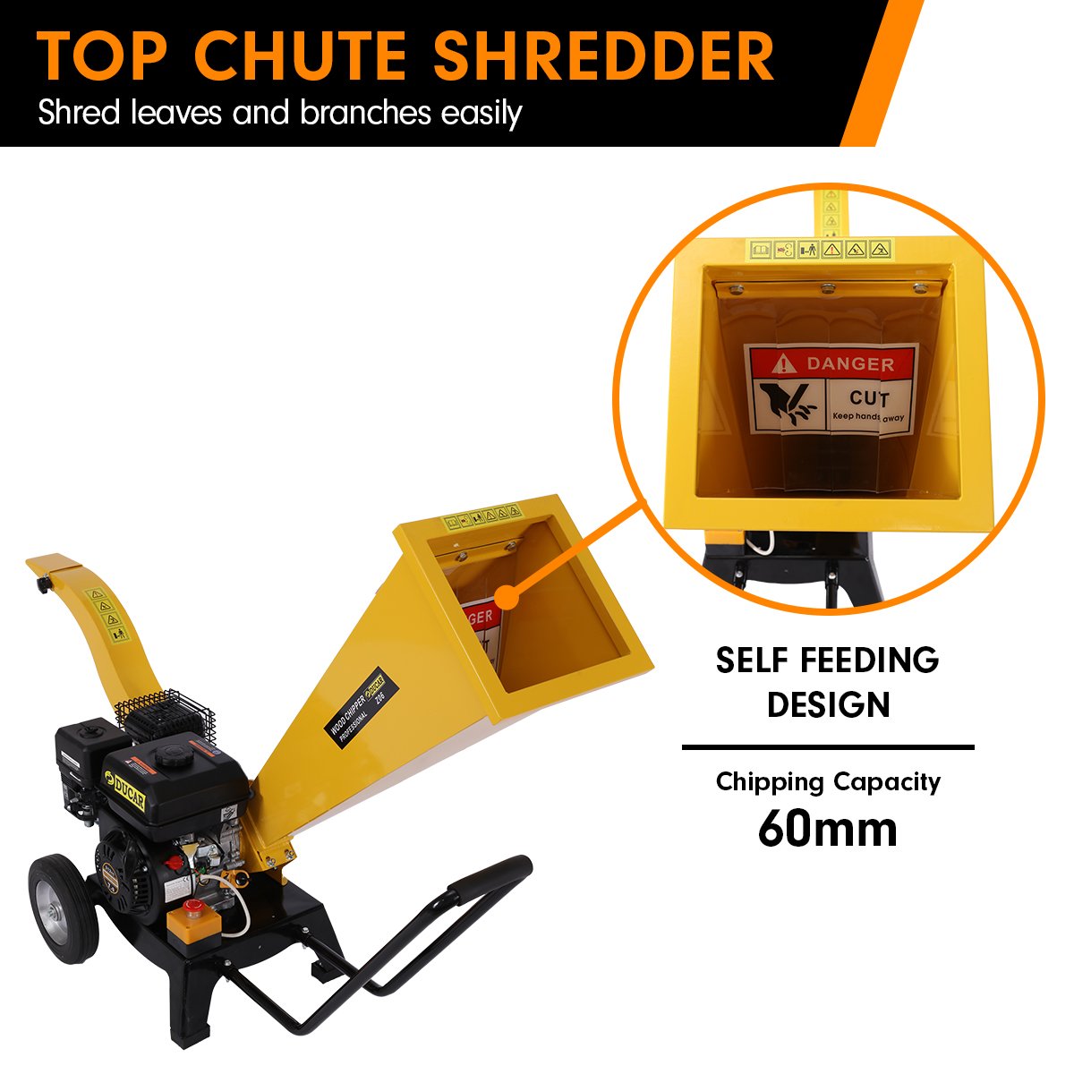 Ducar Petrol 7HP Wood Chipper Shredder Mulcher Grinder - Yellow