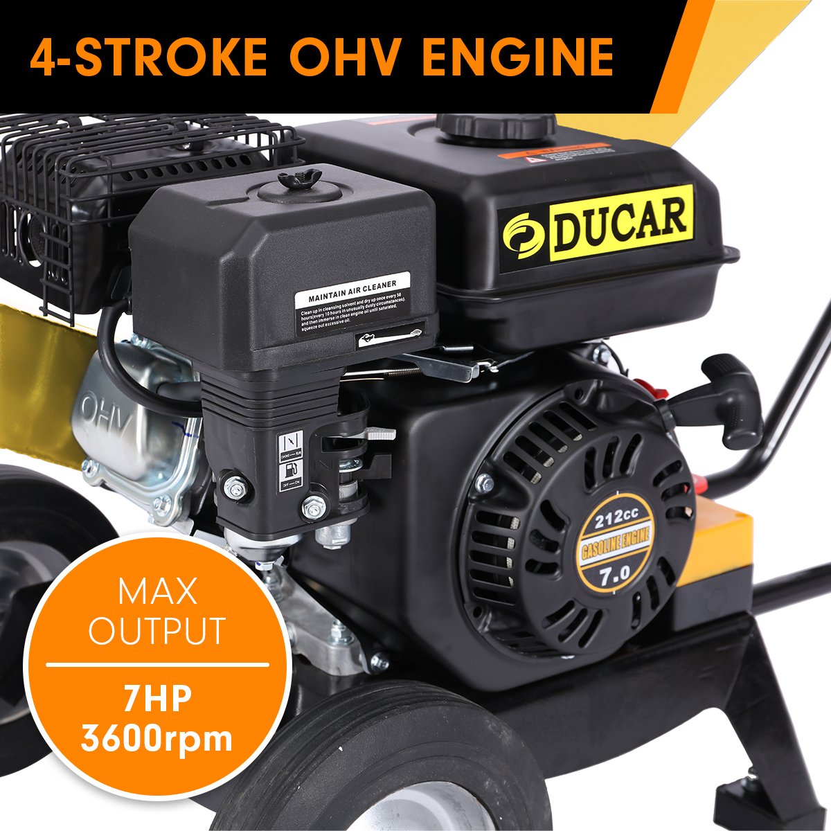 Ducar Petrol 7HP Wood Chipper Shredder Mulcher Grinder - Yellow