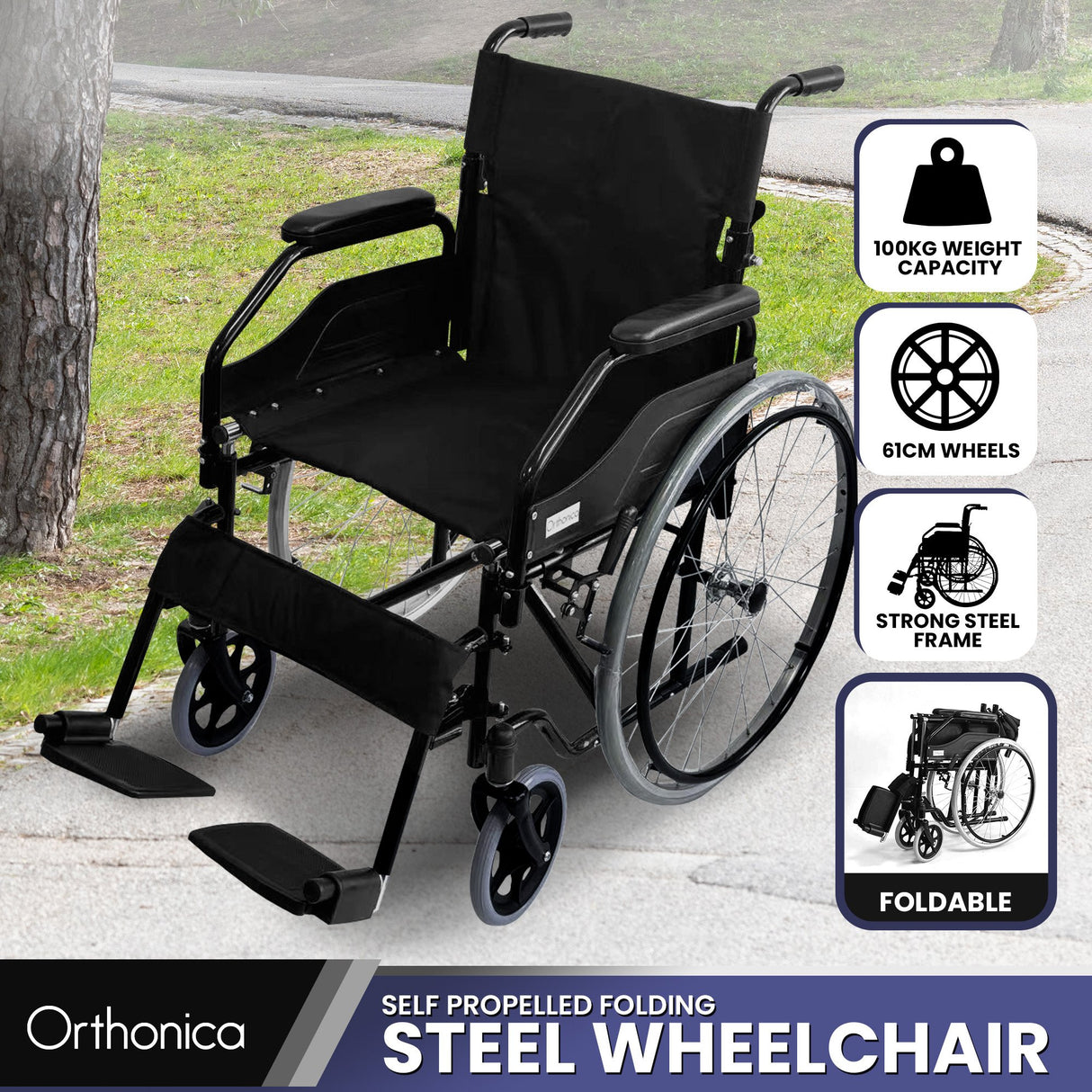 Orthonica 24in Self Propelled Foldable Steel Wheelchair - Black